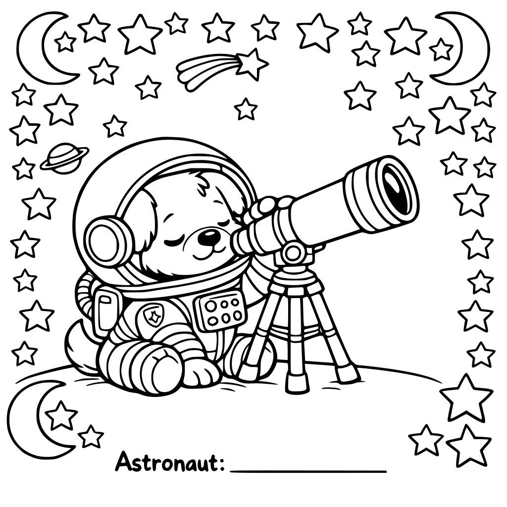 Cosmo is a cute sleepy puppy. Cosmo in full astronaut suit looking at a starry sky through a telescope. Bold decorative border of stars and moons. Space for the child to write their name: "Astronaut: ___"