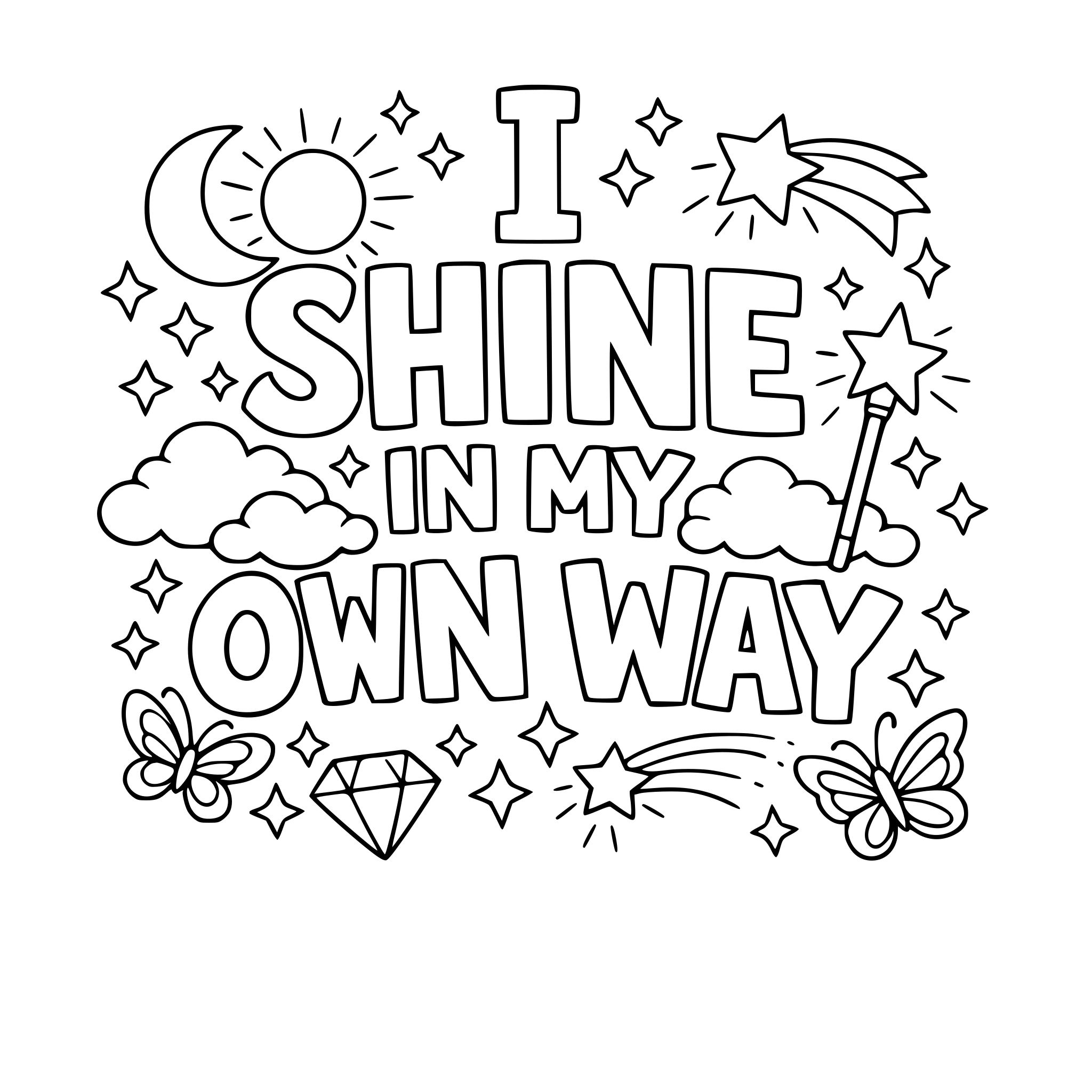 "I shine in my own way" coloring letters with items around the letters that work with the lettering.
