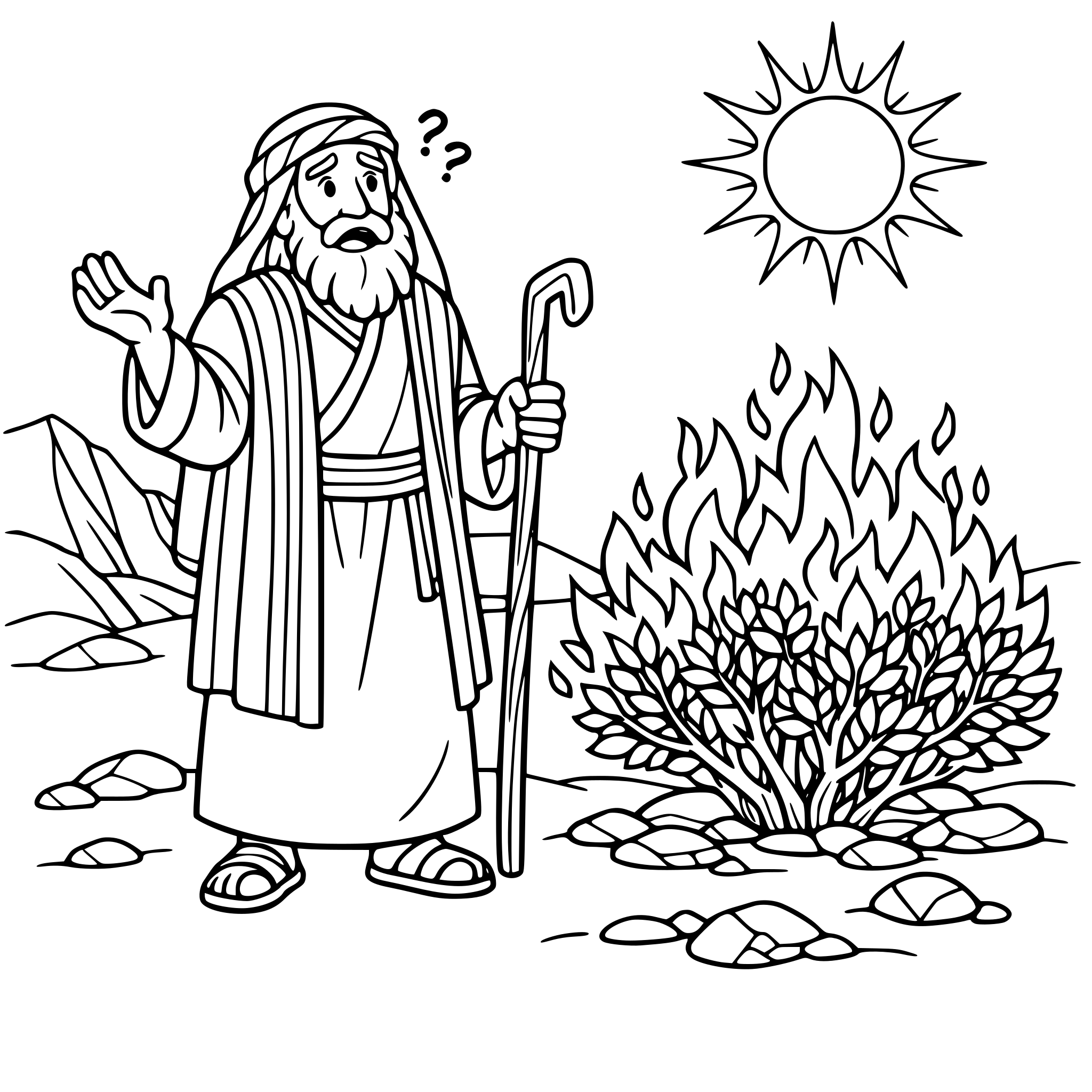 create an image with adult bible moses standing in front of a bush that is on fire in the desert include rocks and a hot sun. make moses look confused