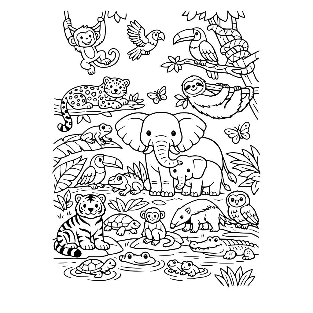 Her yerde hayvanların olduğu bir yağmur ormanı