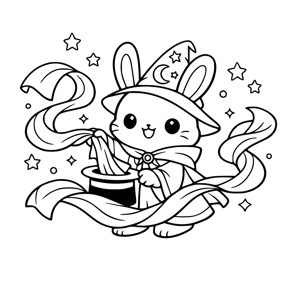 cartoon and kawaii-style bunny in a magic robe pulling colorful scarves — scarves flowing in curves.