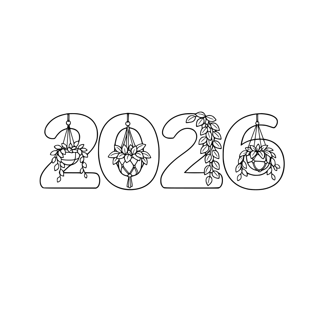 2026 numbers with hanging plants integrated into the numbers, clean black and white coloring book style, simple line art, minimal details, white background