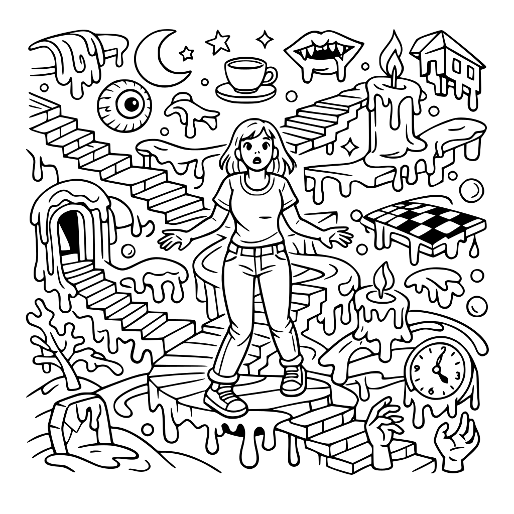 a woman lost in a dream world maze. trippy. melting objects. floating objects. staircases. nonsense. a dream with a hint of nightmare.