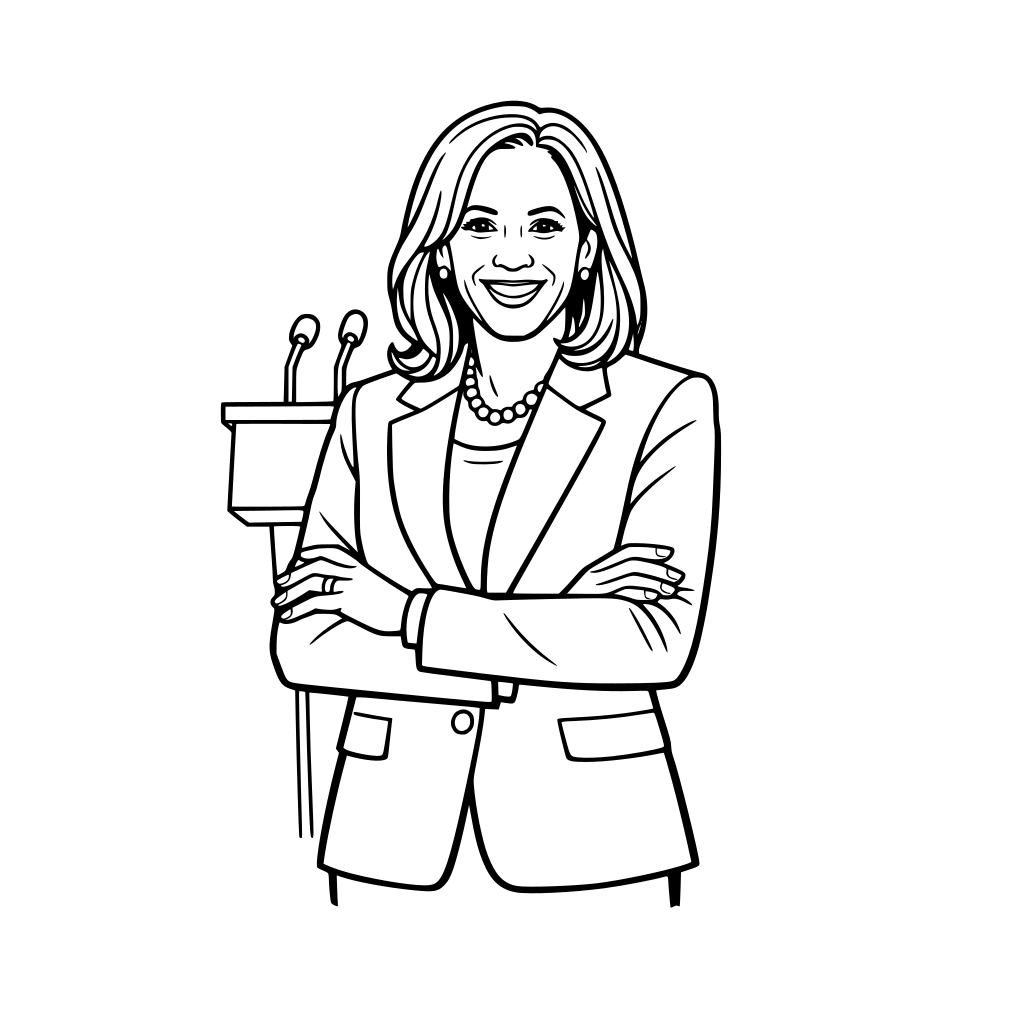 Kamala Harris standing confidently in professional attire, warm smile, minimal podium outline behind her, mid-body framing.