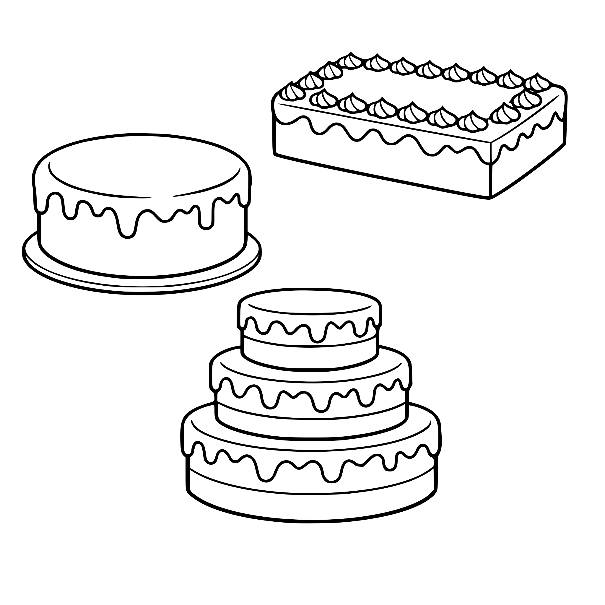 Create an image of three frosted cakes. One cake is round. One cake is rectangular. One cake has three layers. White background, isolated.