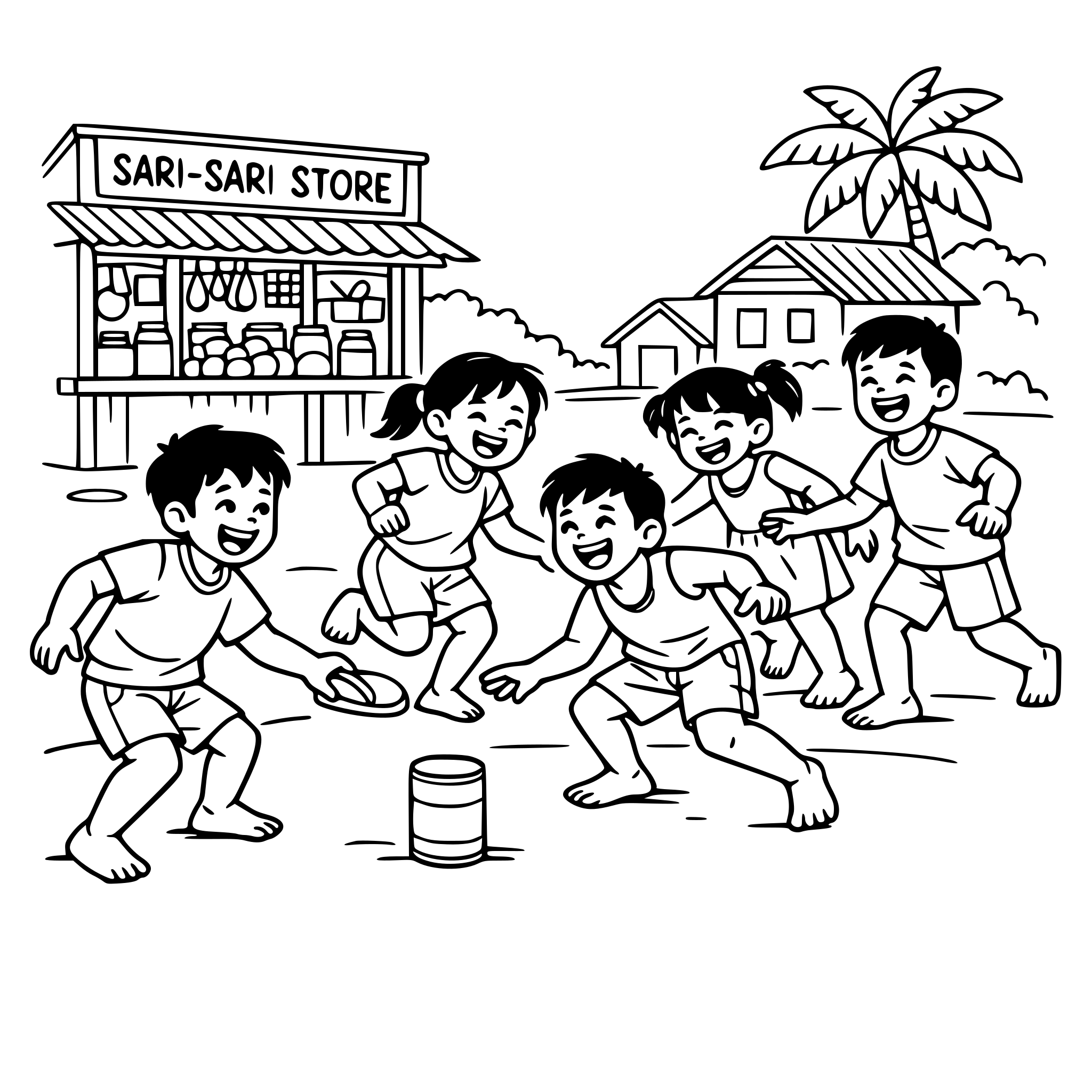Filipino children playing traditional games outside, laughing and smiling, sunny day, tropical environment, joyful and energetic vibe with background of sari sari store and houses
