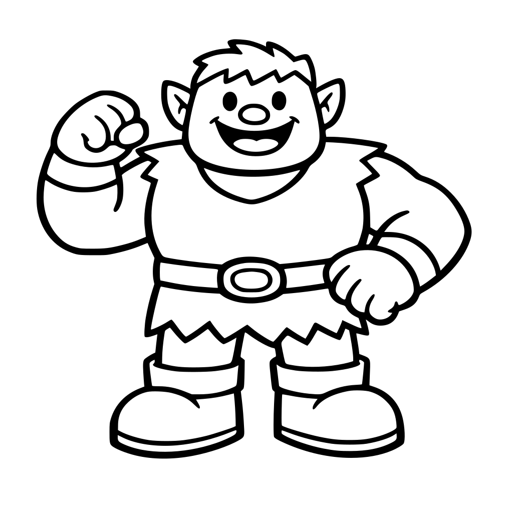 Dibujo infantil para colorear de un gigante verde amigable y fuerte, estilo caricatura simple, cara sonriente, líneas negras muy gruesas y definidas, grandes áreas blancas para pintar, sin detalles pequeños, sin sombras, fondo blanco limpio, estilo libro de preescolar.