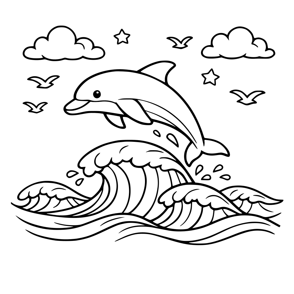 a dolphin jumping over waves with clouds and birds in the sky.