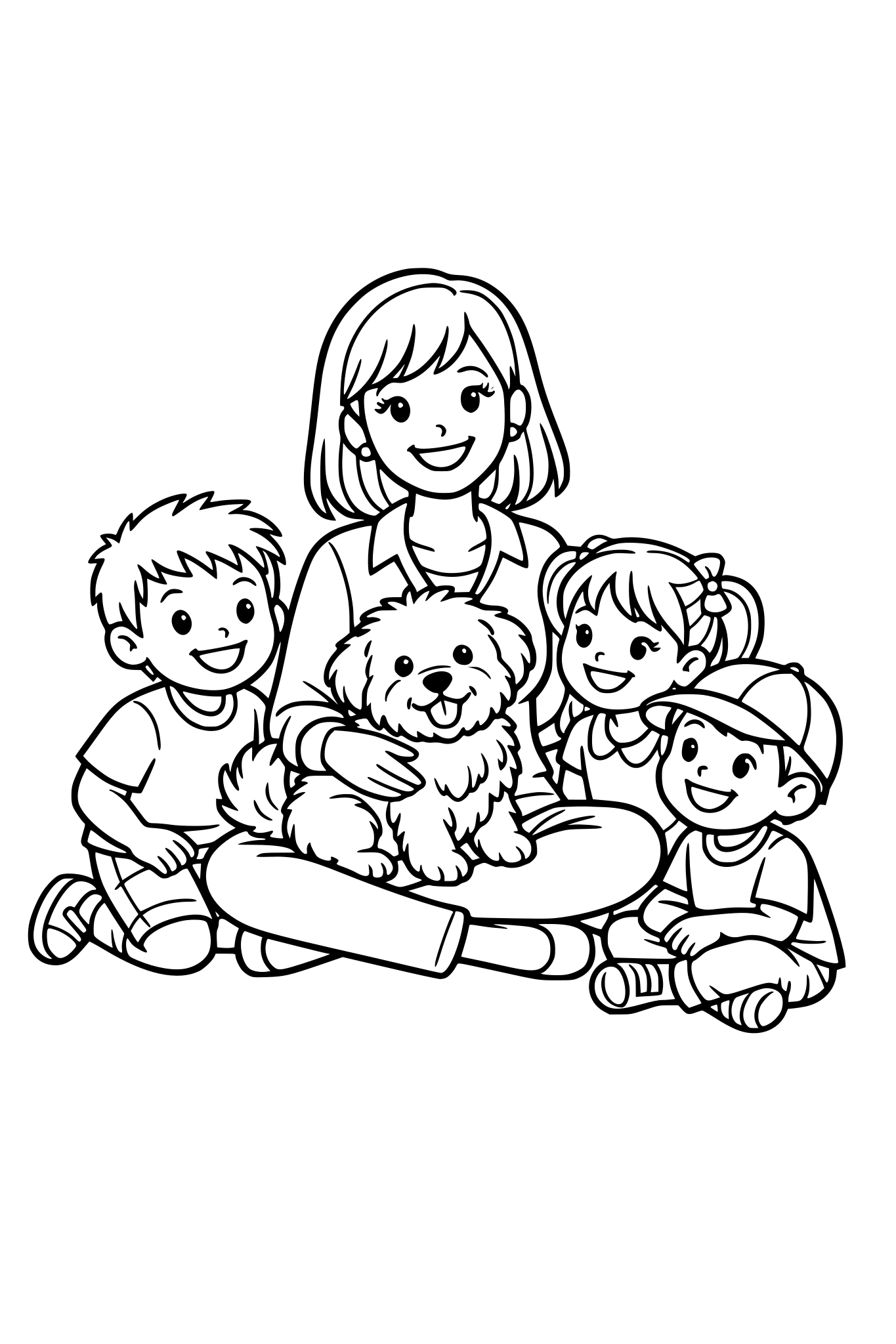 Necesito hacer unlibro de colorear de una maestra con unos niños y un perrito peludito Blanco