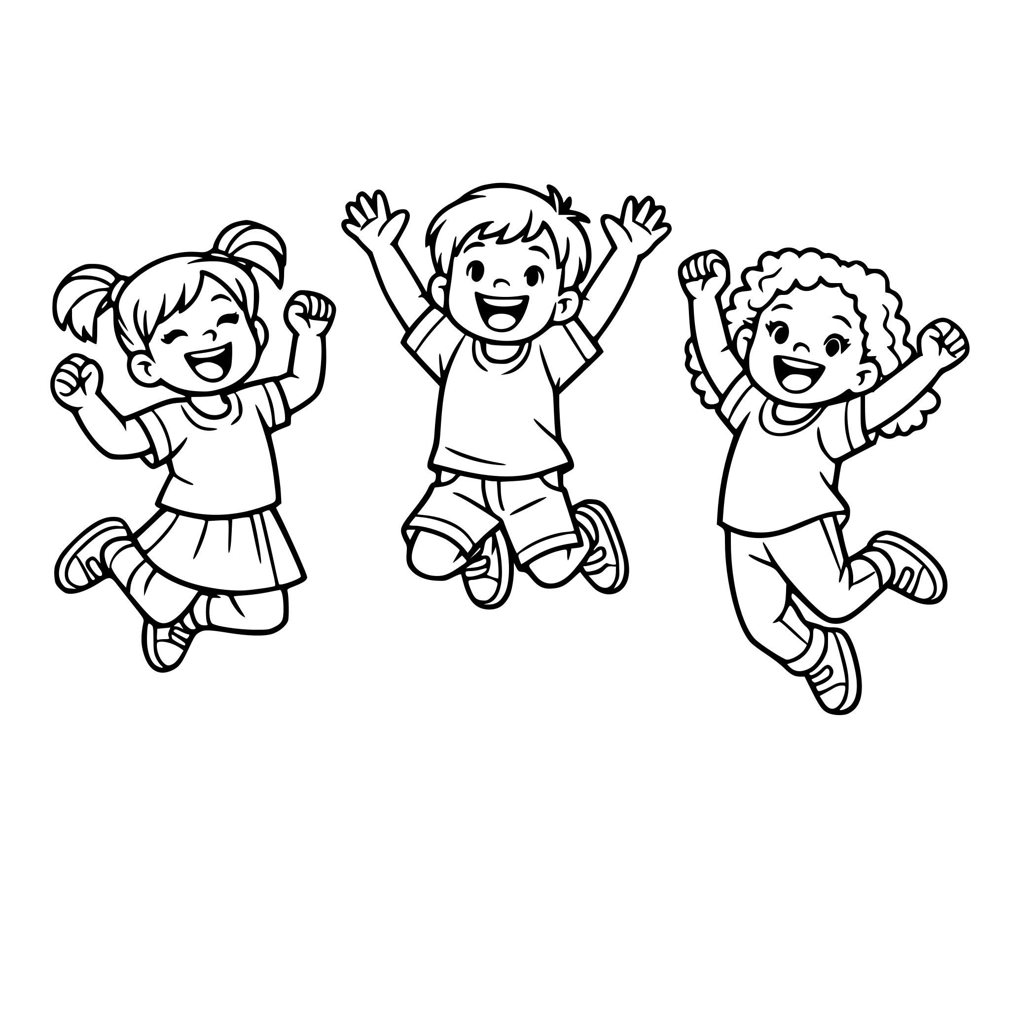 Three different children jumping up and down. They are happy. White background, isolated.
