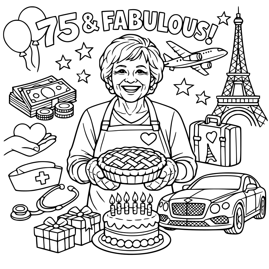 Create an adult coloring book celebrating 75 years of birthdays for a woman who loves to create pies who has a wonderful smile who do mind giving money and time who wanted to be a nurse who wants a Bentley who wants to travel to Paris France