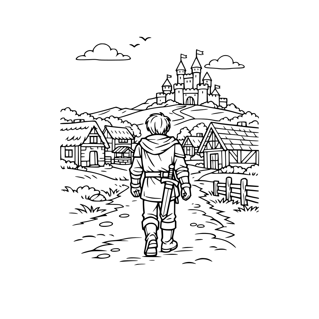 A young medieval Knight without his armor with his back facing the viewer walking down a path towards a simple medieval village with a simple medieval castle in the background “far off”