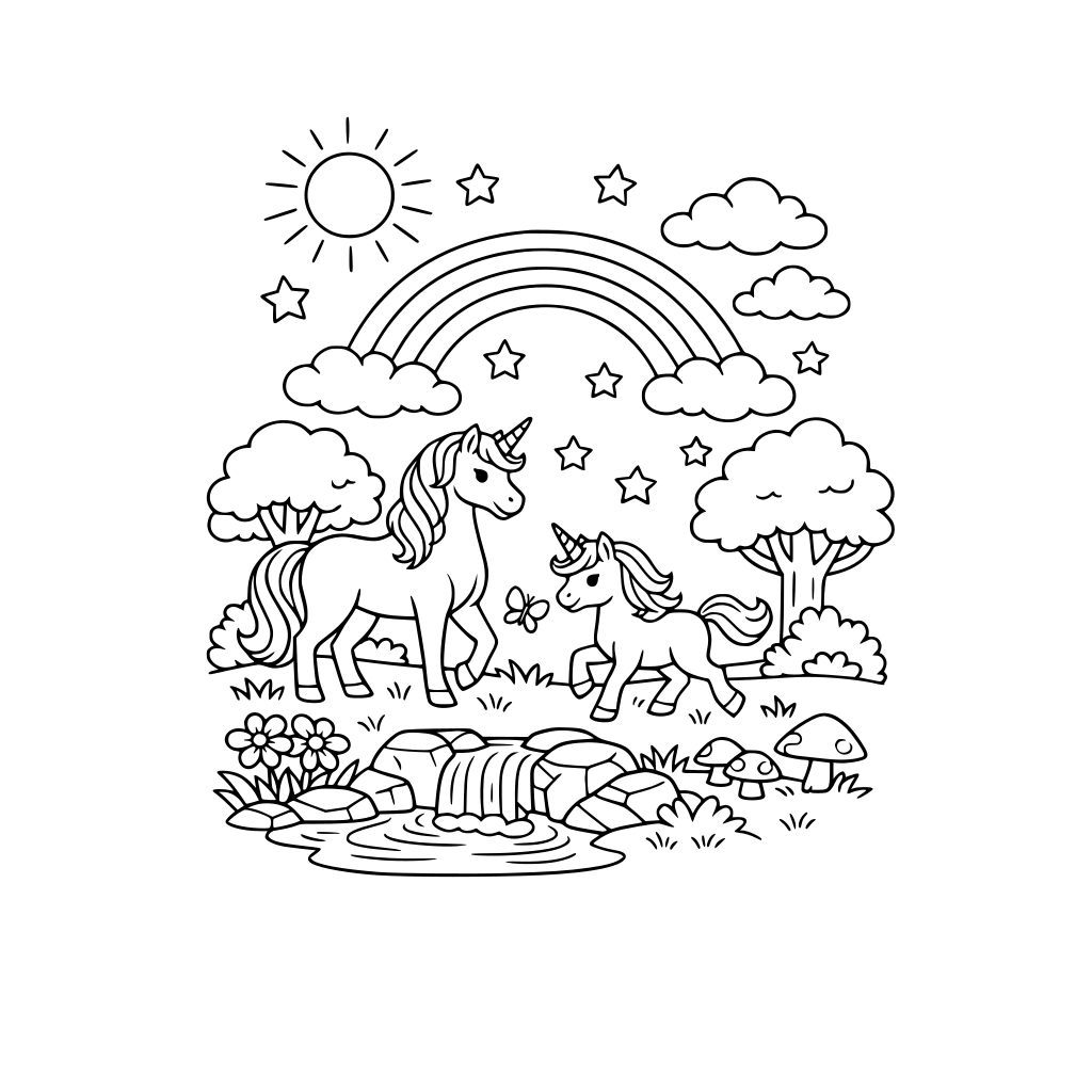 A magical forest with unicorns and rainbows