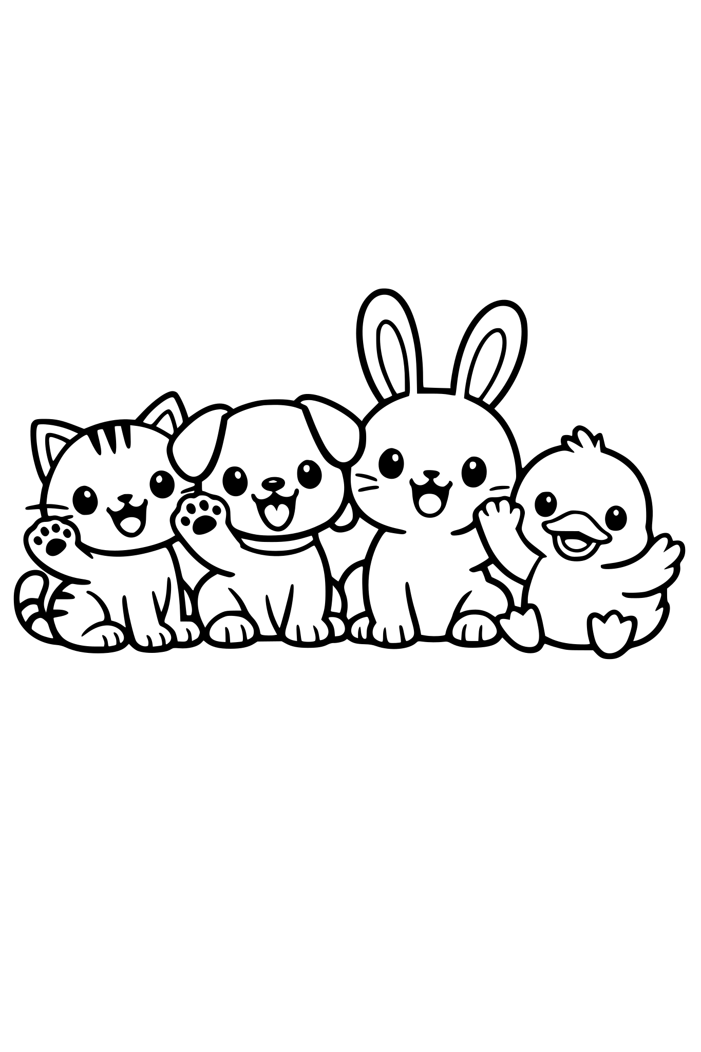Cute cartoon animals together: a cat, a puppy, a bunny and a duck, smiling and waving, thick black outlines only, no color fill, white background, coloring book style, simple shapes, children 3-7 years old, clean lines, friendly and cheerful