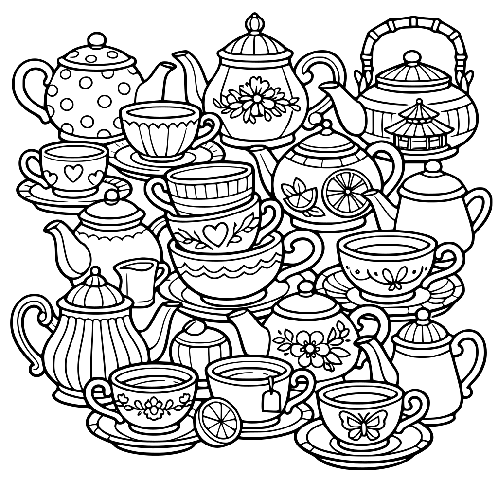 a hard coloring picture of lots of different teapots and teacups
