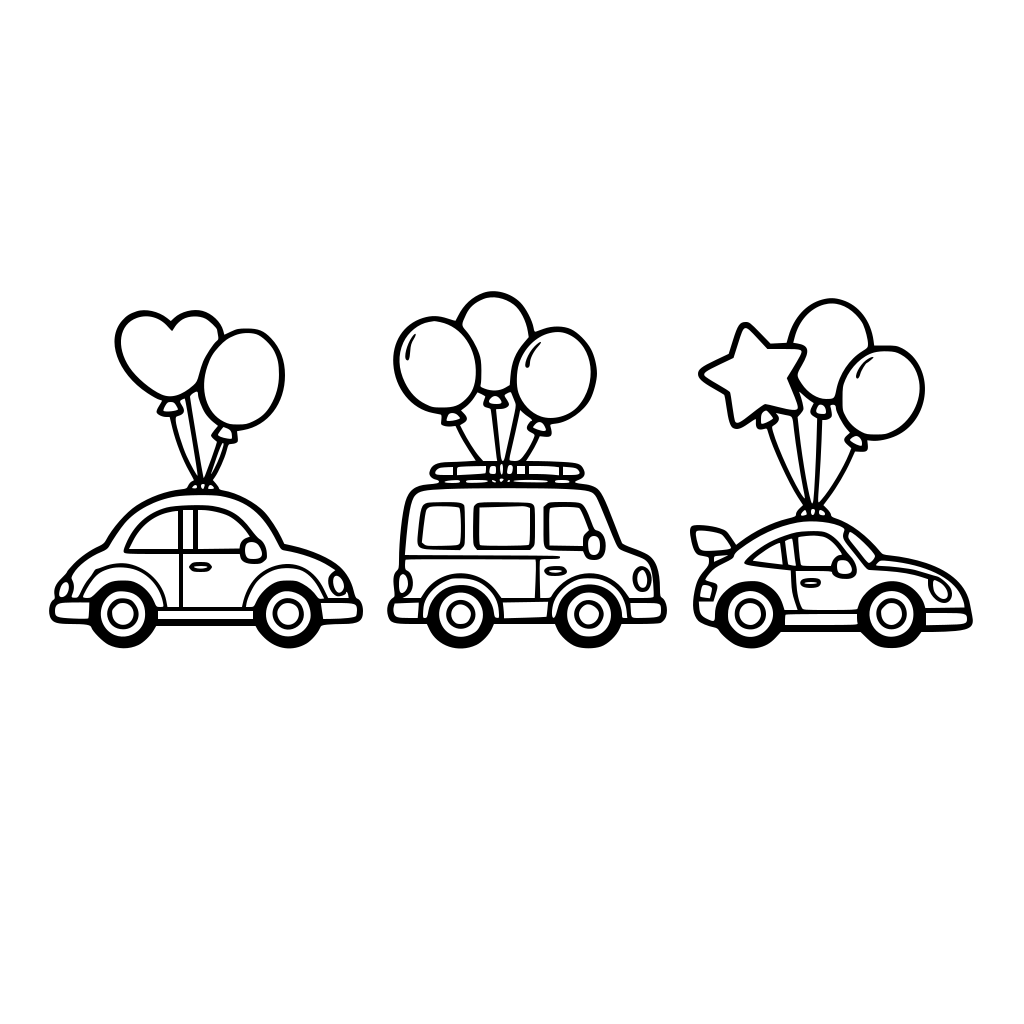 three small toy cars driving in a line with balloons above them.