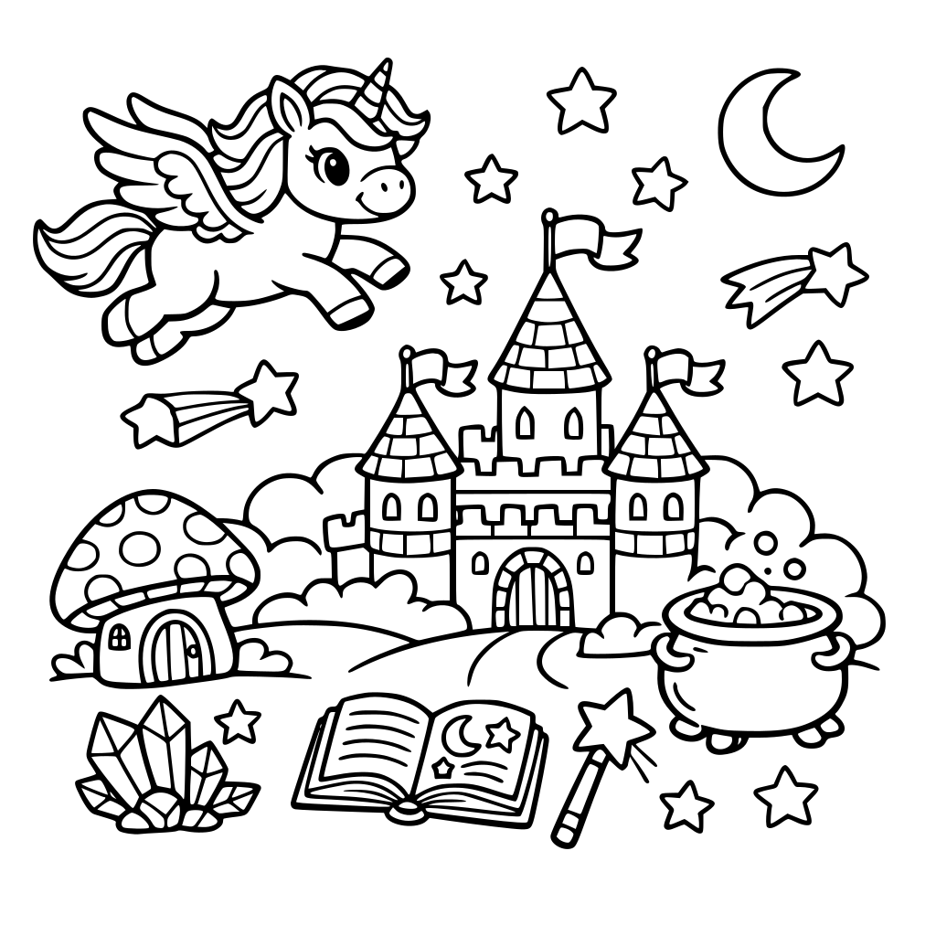 Stress-free coloring book, Magic World cartoon style page, thick lines without color, completely white background, only