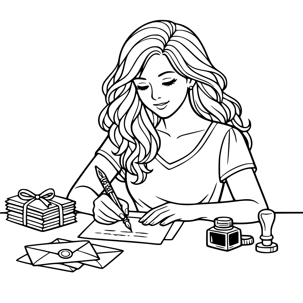 Maak een kleurplaat van een dame met golvend haar, zittend aan tafel en ze schrijft met een mooie pen brieven. Je ziet dat ze al wat brieven heeft geschreven. Het moet een mooi beeld zijn en rust uitstralen.
