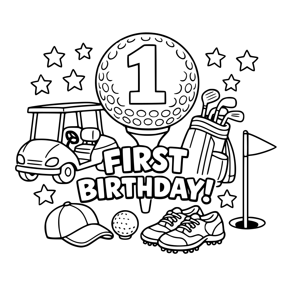 A golf themed colouring page for first birthday