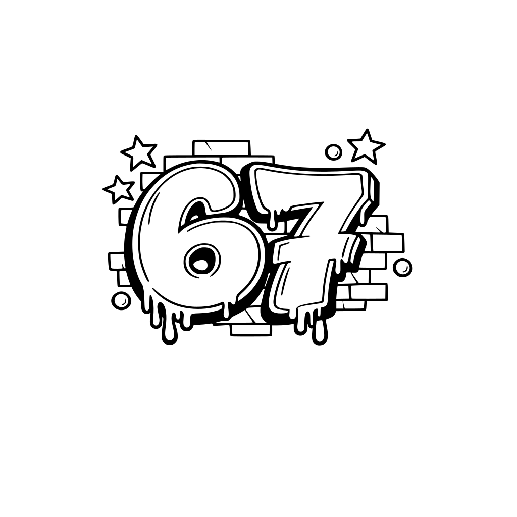 Street art graffiti style number 67, bubble letters, dripping paint details, brick wall outline background, clean thick black outlines, coloring page for kids, printable line art