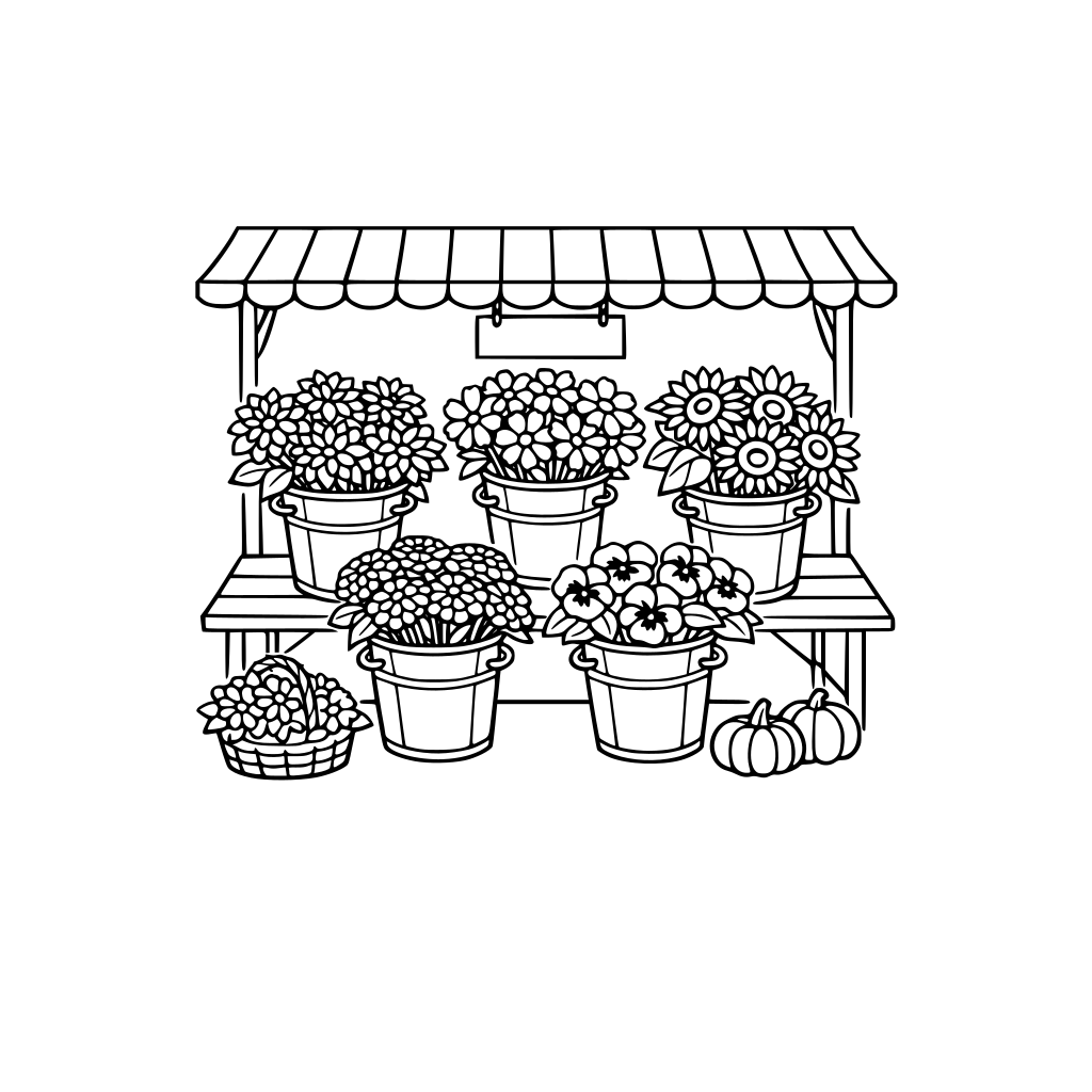 A simple farmer's market style flower stand with flower buckets filled with dahlias, cosmos, zinnias, sunflowers, pansies, no roses