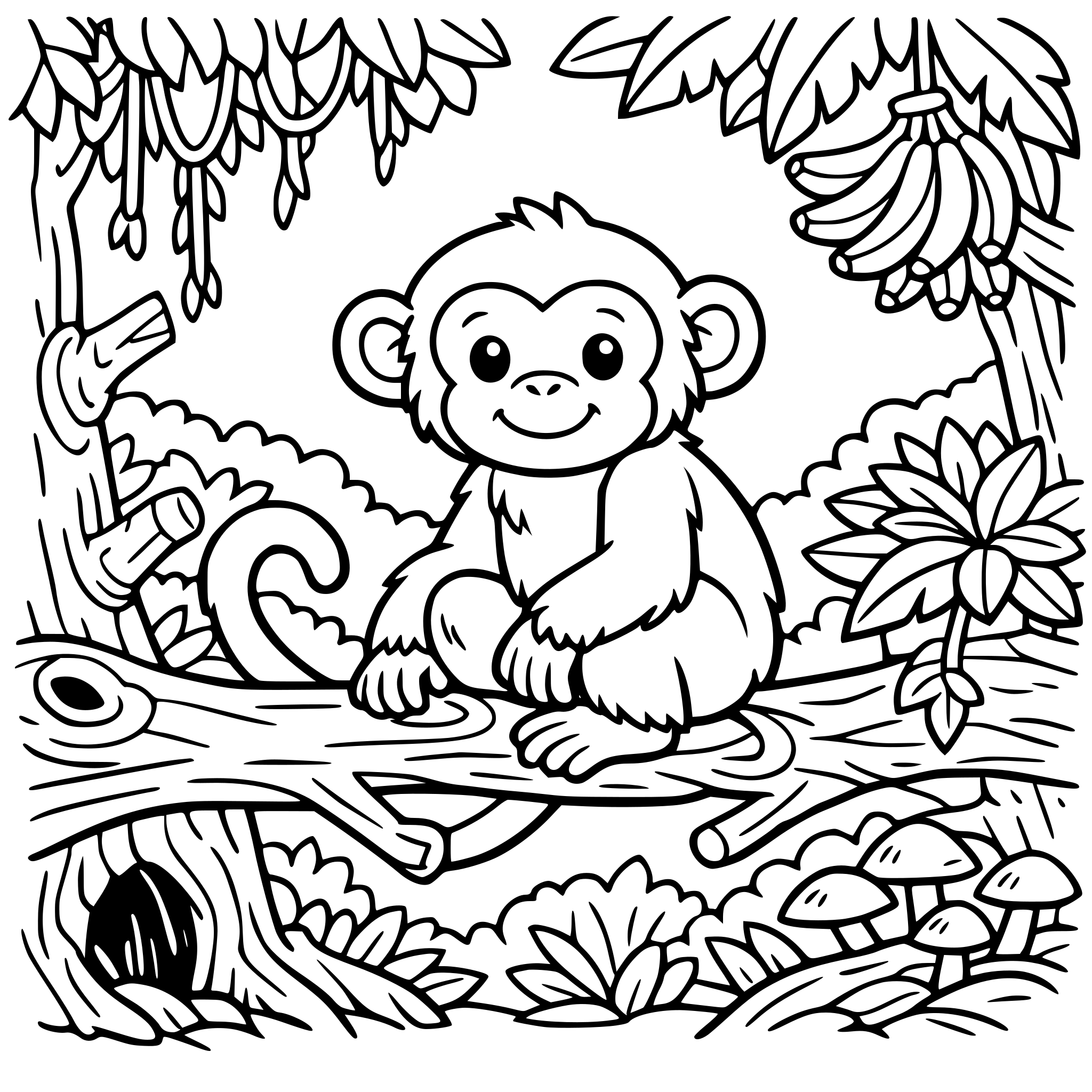 create a kids style coloring book type of a normal monkey hanging out in detailed trees