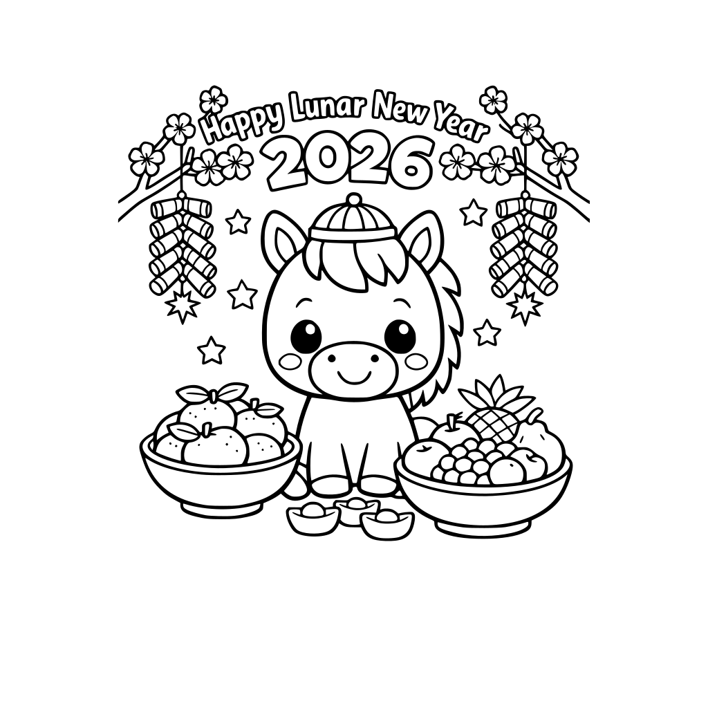 An image celebrating lunar new year 2026 with a kawaii horse, fruit bowls, firecrackers, and cherry blossom flowers.