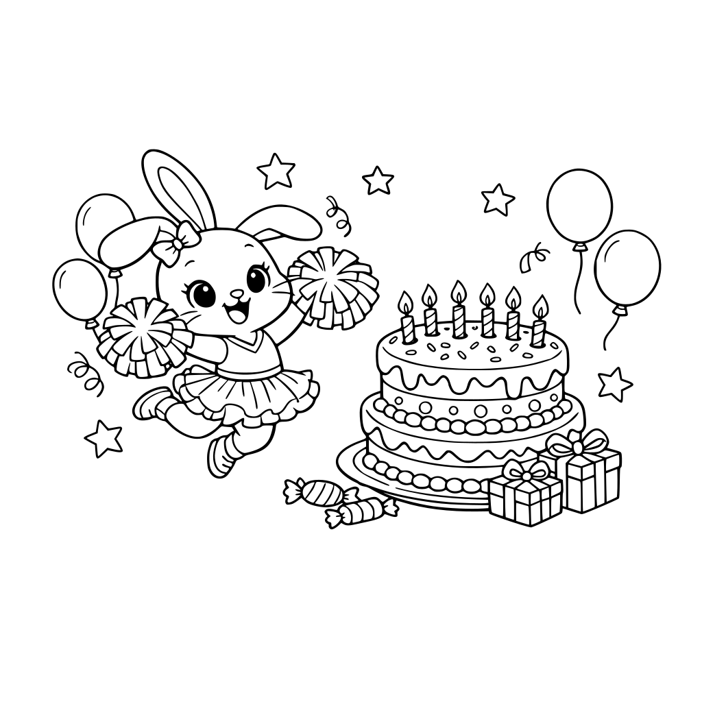 cute Cheerleader bunny in tutu holding pom-poms, jumping next to a birthday cake