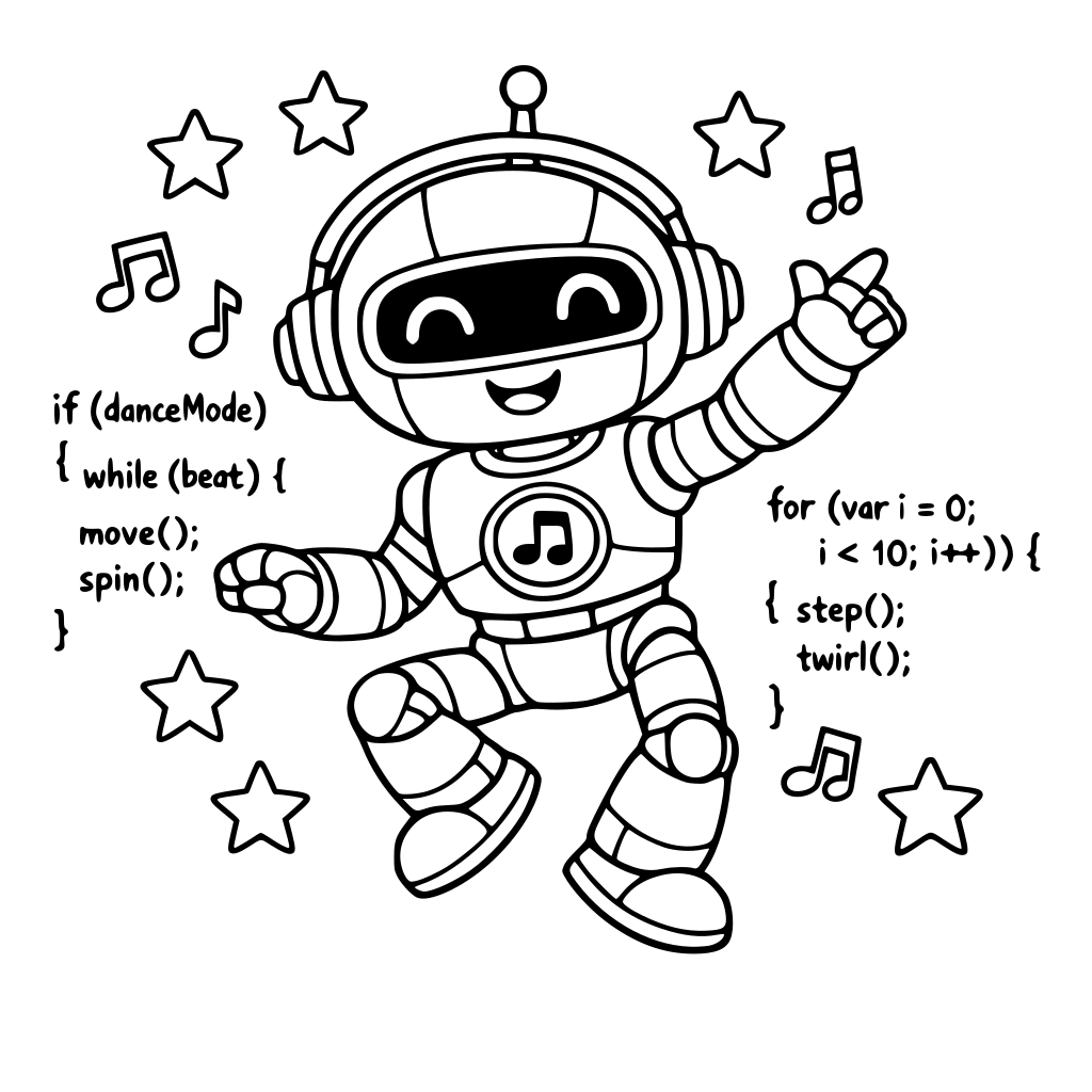 a dancing robot with codes at the background