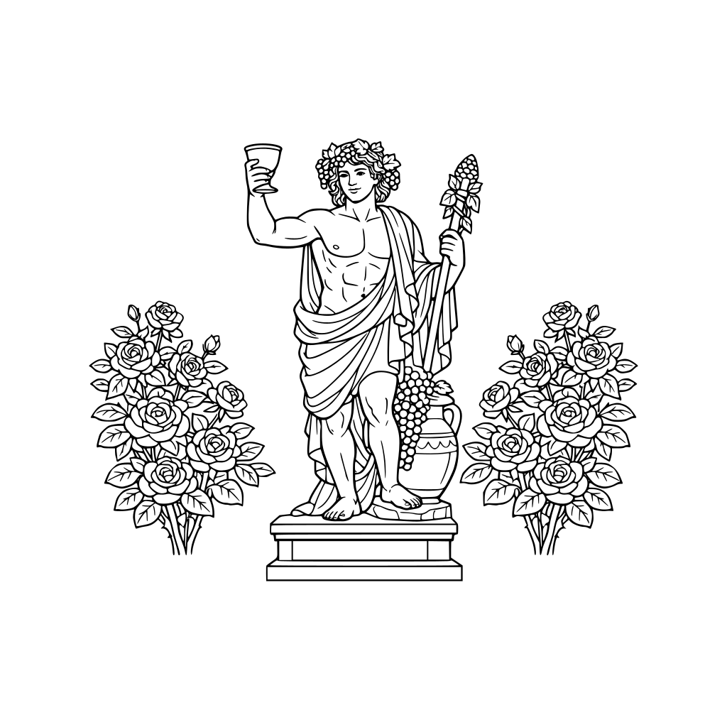 por favor dibuja la estatua del Dio Baco, y a los lados un rosal