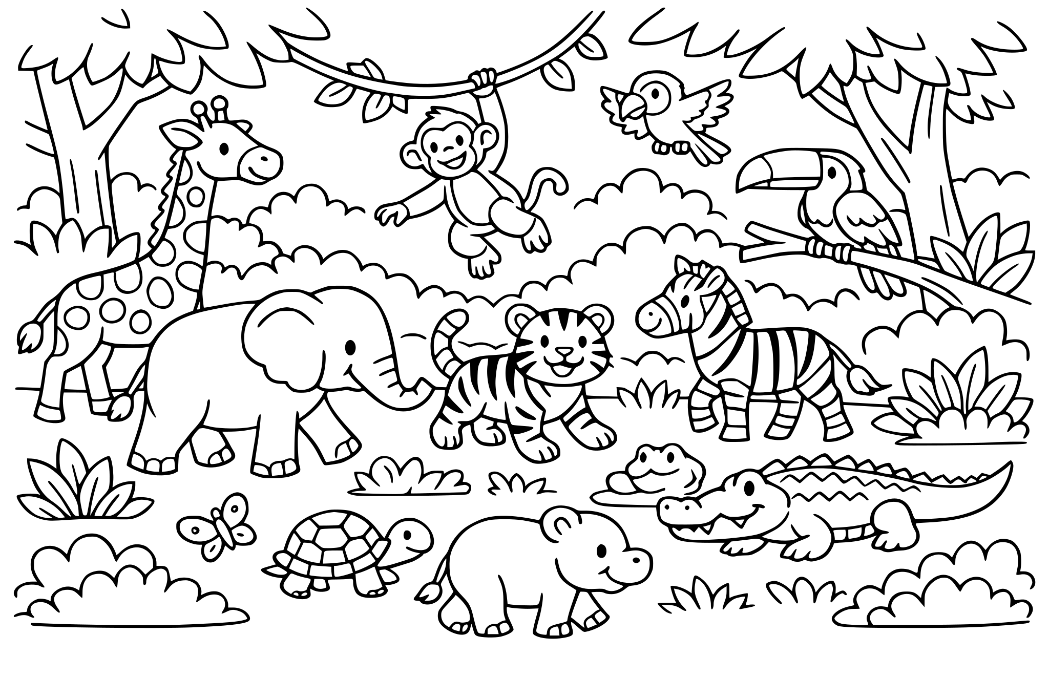 create a semi jungle scene having different kinds of animals looking like moving around and add asome trees and bushes but make the animals obvious to be colored easily