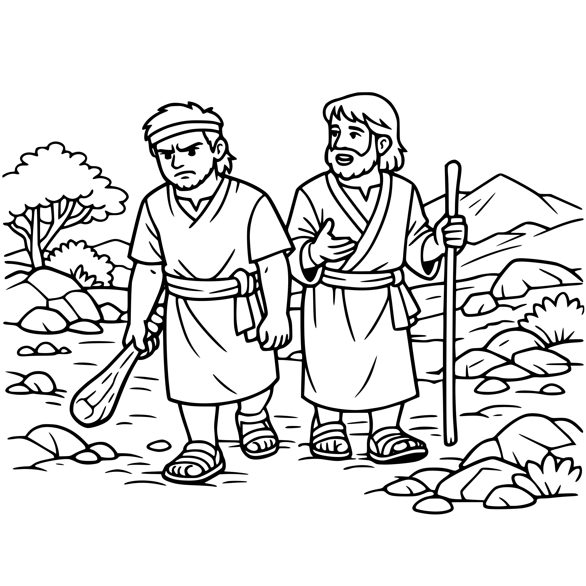 make two bible brothers walking in the wilderness, have one brother look frustrated and carrying a club down by his side include landscape items such as rocks and trees and dirt