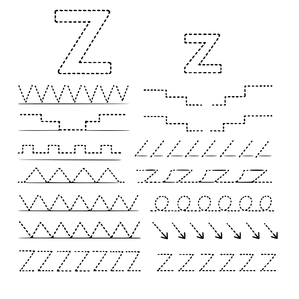 zrób całą listę ćwiczeń do litery Z duże i z małe różne ślaczki wykropkowane dzięki którym nauczymy pisać się literkę Z i z