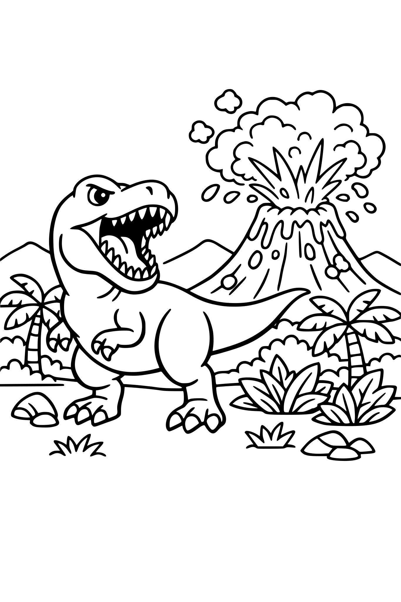 Tyrannosaurus rex roaring while volcano erupts behind him, prehistoric jungle, simple coloring book page, bold clean lines, black and white line art, no shading, white background, for toddlers coloring book
