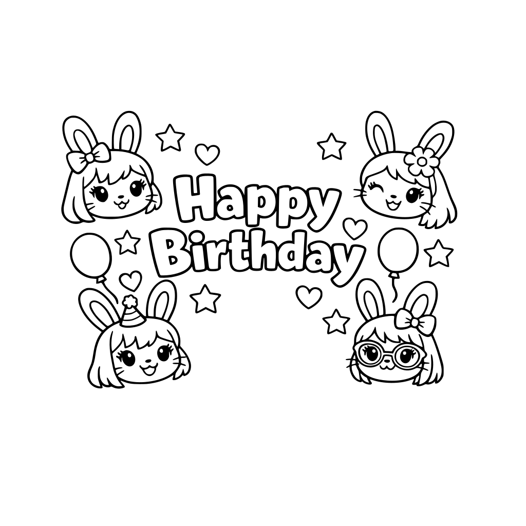 happy birthday text, girl bunnny faces around it