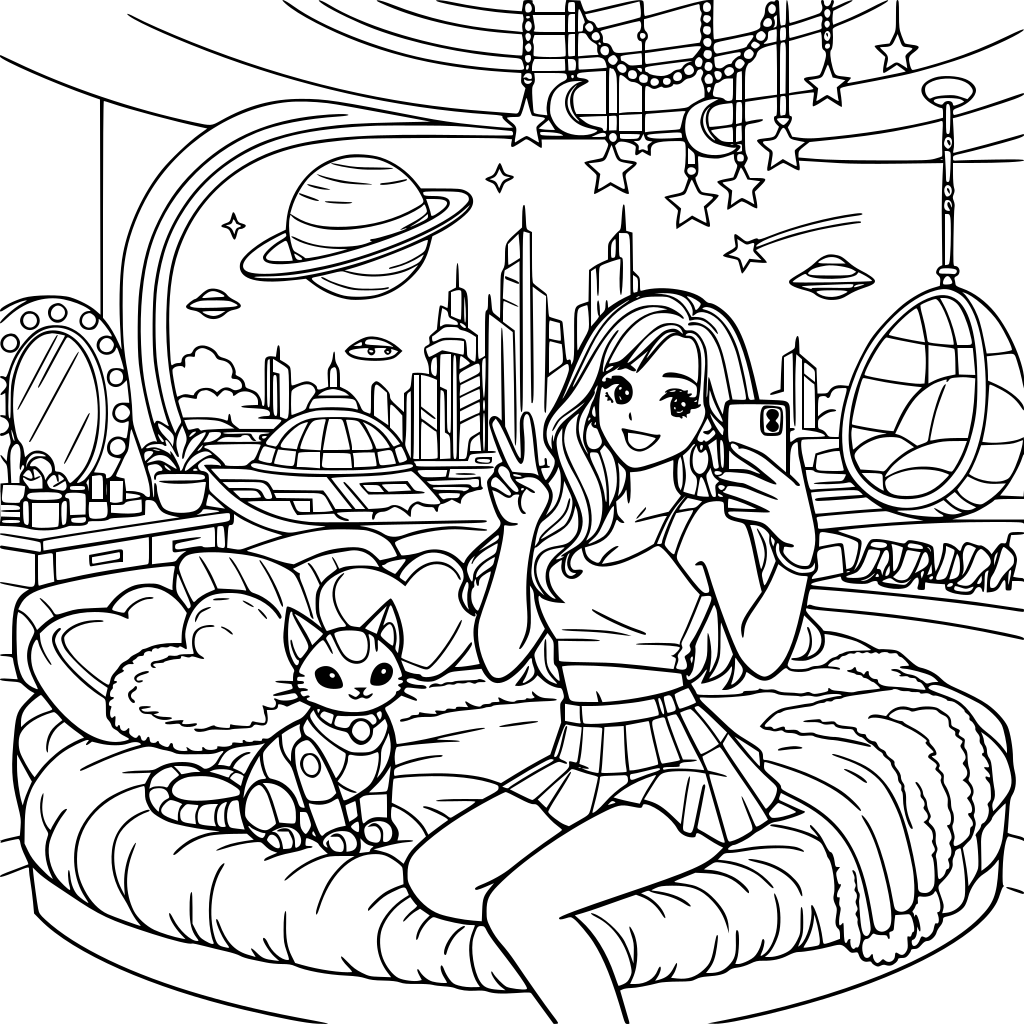 A futuristic city set in 3005 selfie aesthetic fantasy master bedroom for girls & women