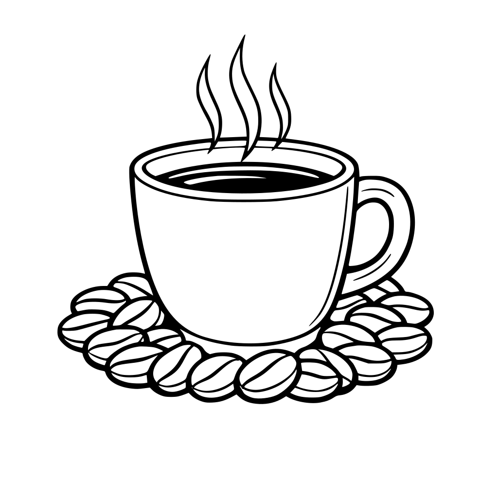 coffee cup with coffee beans circle the cup's bottom.