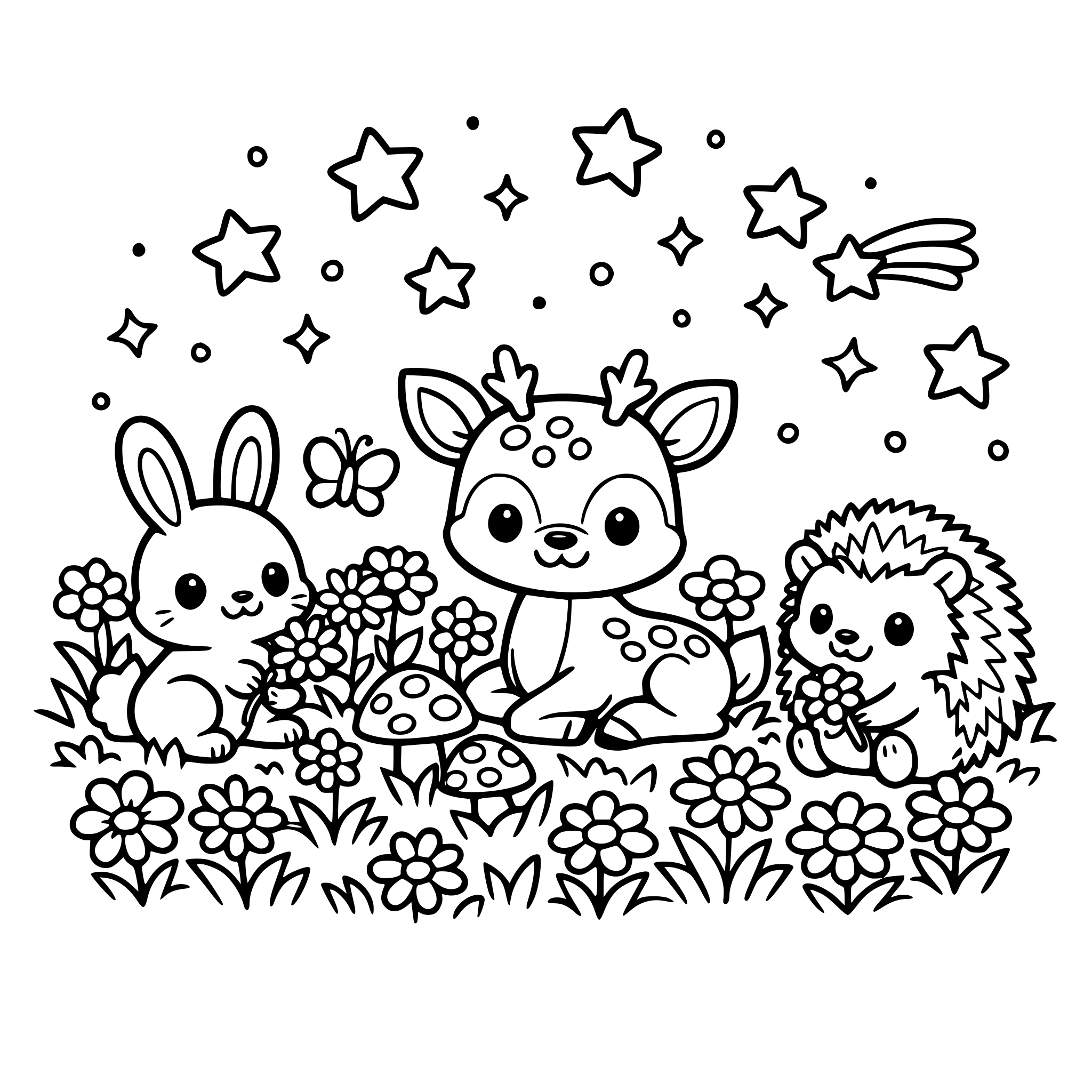 campo flores animalitos estrellas