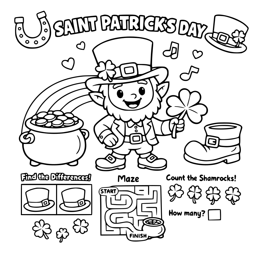 make a Saint Patrick's day coloring and activity book for ages 4-8