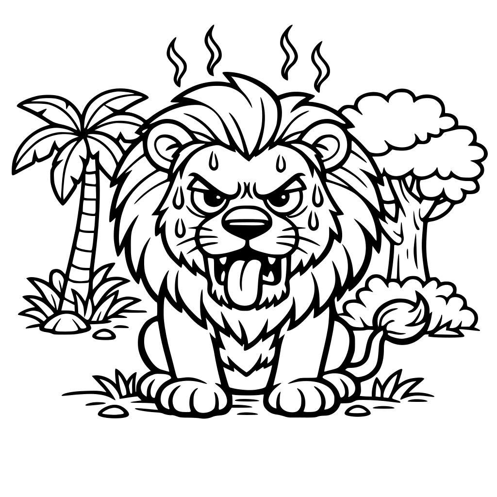 Create a lion who is hot and looks a little angry. He has some visible elements around him that shows he his hot. He has some minor things around him like some jungle elements, like a tree or two.