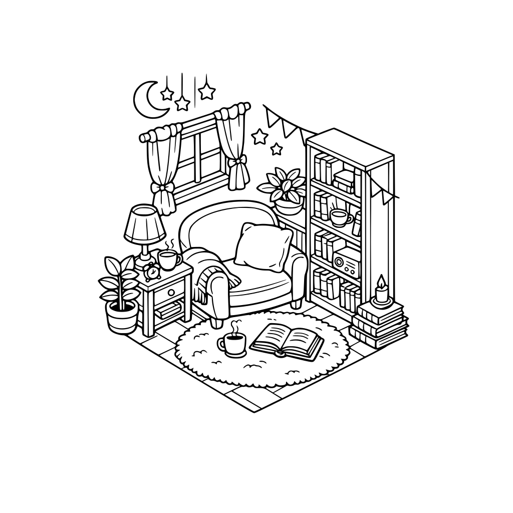 cute and cozy reading nook, 3d isometric