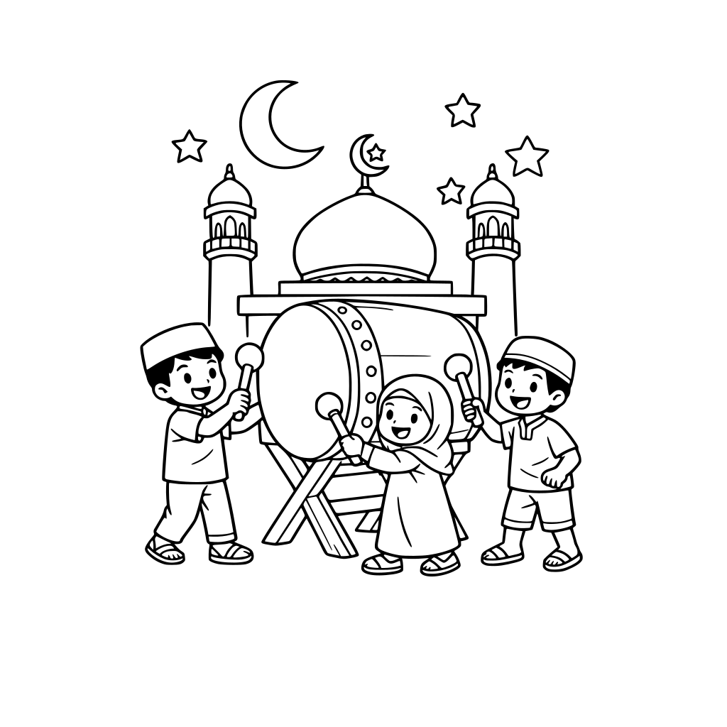 anak anak memukul bedug di depan masjid di bulan ramadan