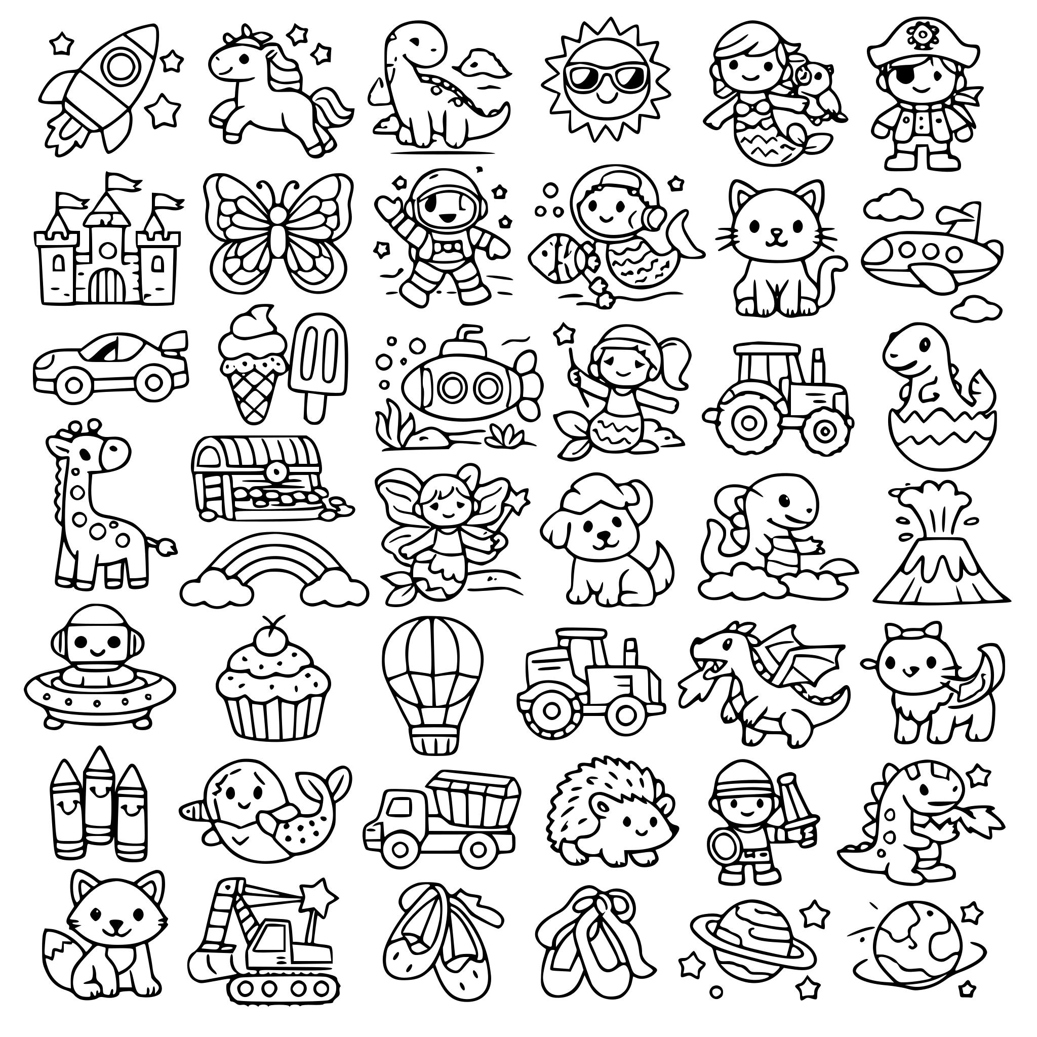 Create various (50) modern children's drawings to color.