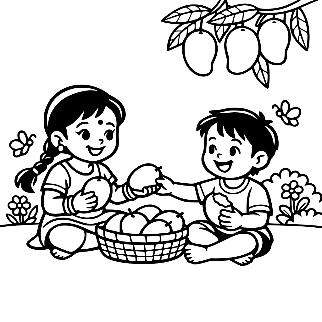 Simple black and white line art coloring page of cute Indian girl Piyu and little boy Lalu sharing mangoes in a garden, thick bold outlines, no shading, no color, white background, children coloring book style