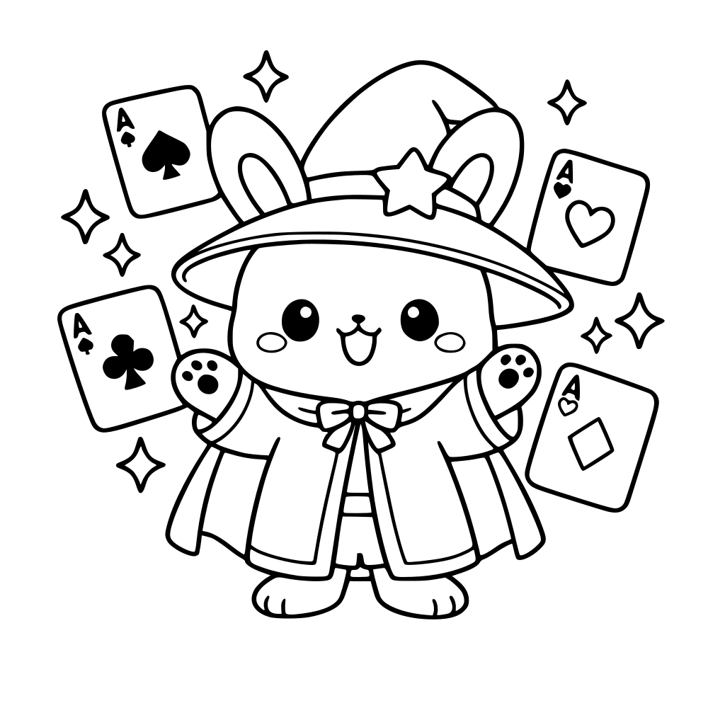 cartoon and kawaii art style of Bunny in magician robe and hat top juggling floating playing cards — rounded card edges, sparkles between.