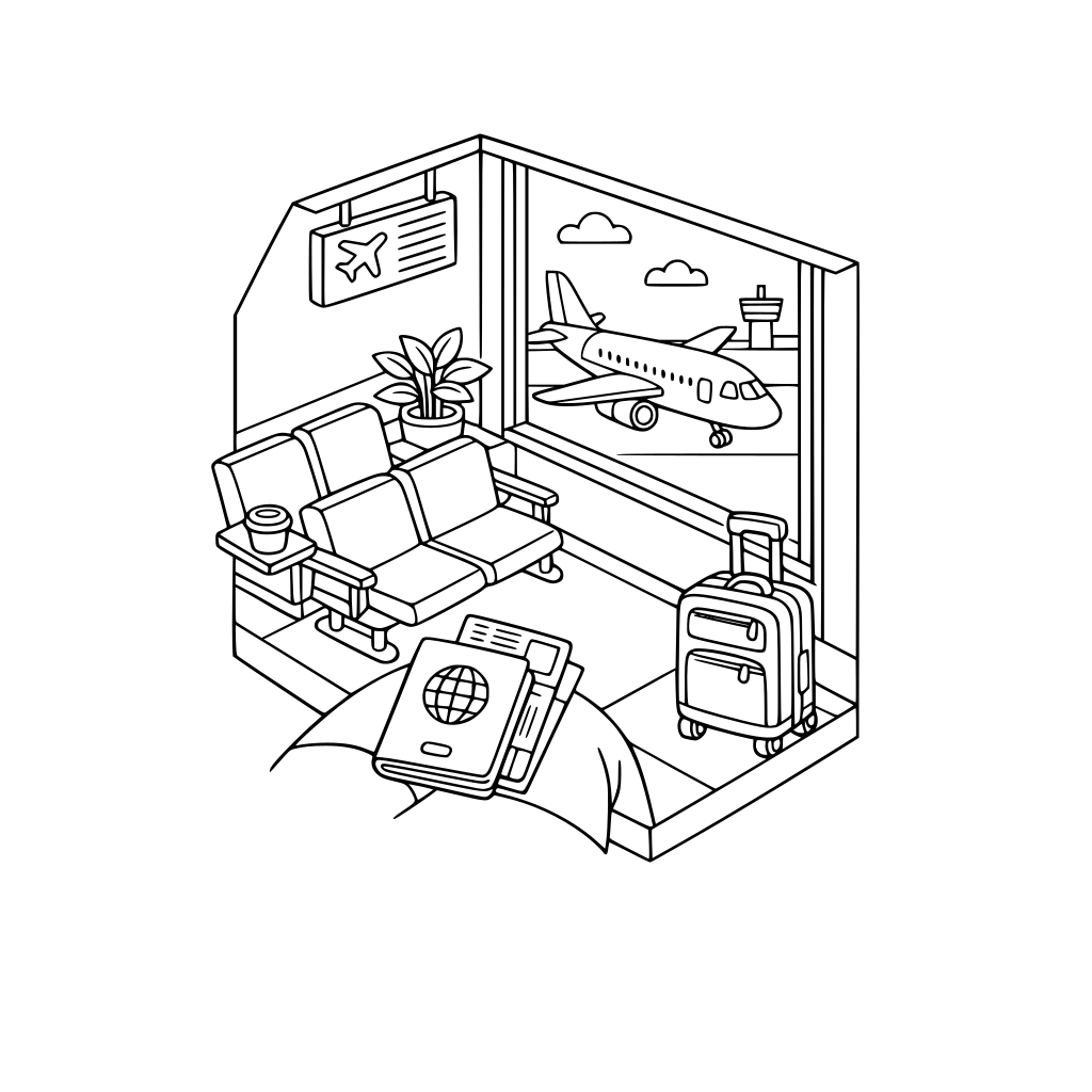 hygge style, cute and cozy, 3D isometric corner, airport waiting area with structured seating, rolling suitcase upright, passport and boarding pass on lap, large window showing airplane outside.