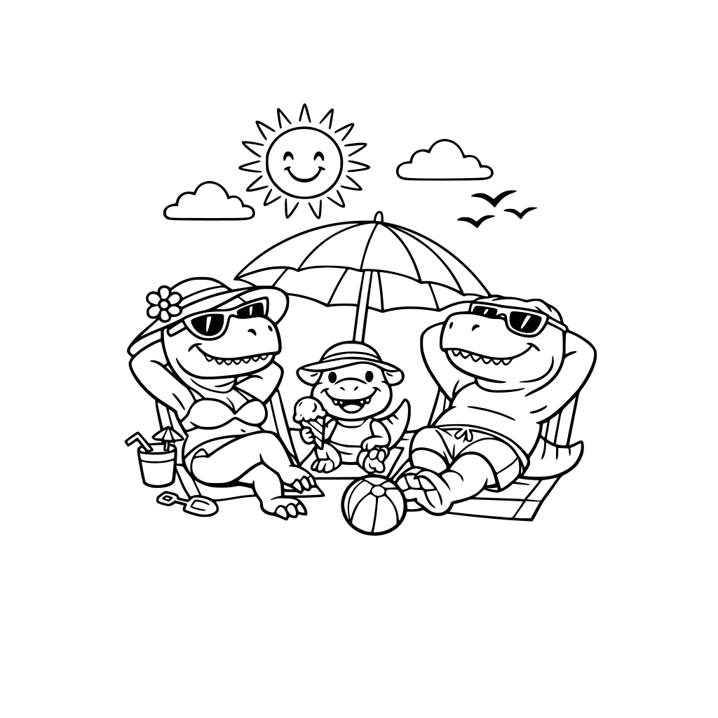 a family of mum, dad and child T-Rex sunbathing at the beach