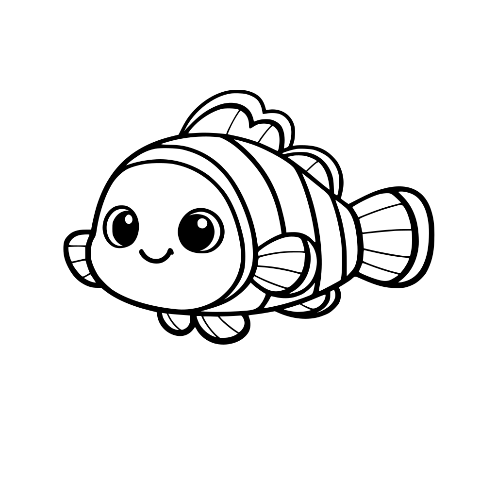 simple coloring page for kids, cute clownfish Nemo style, thick black outlines, no shading, white background, kawaii style, children's coloring book, easy to color --ar 8.5:11 --style raw --no color, gradient ```