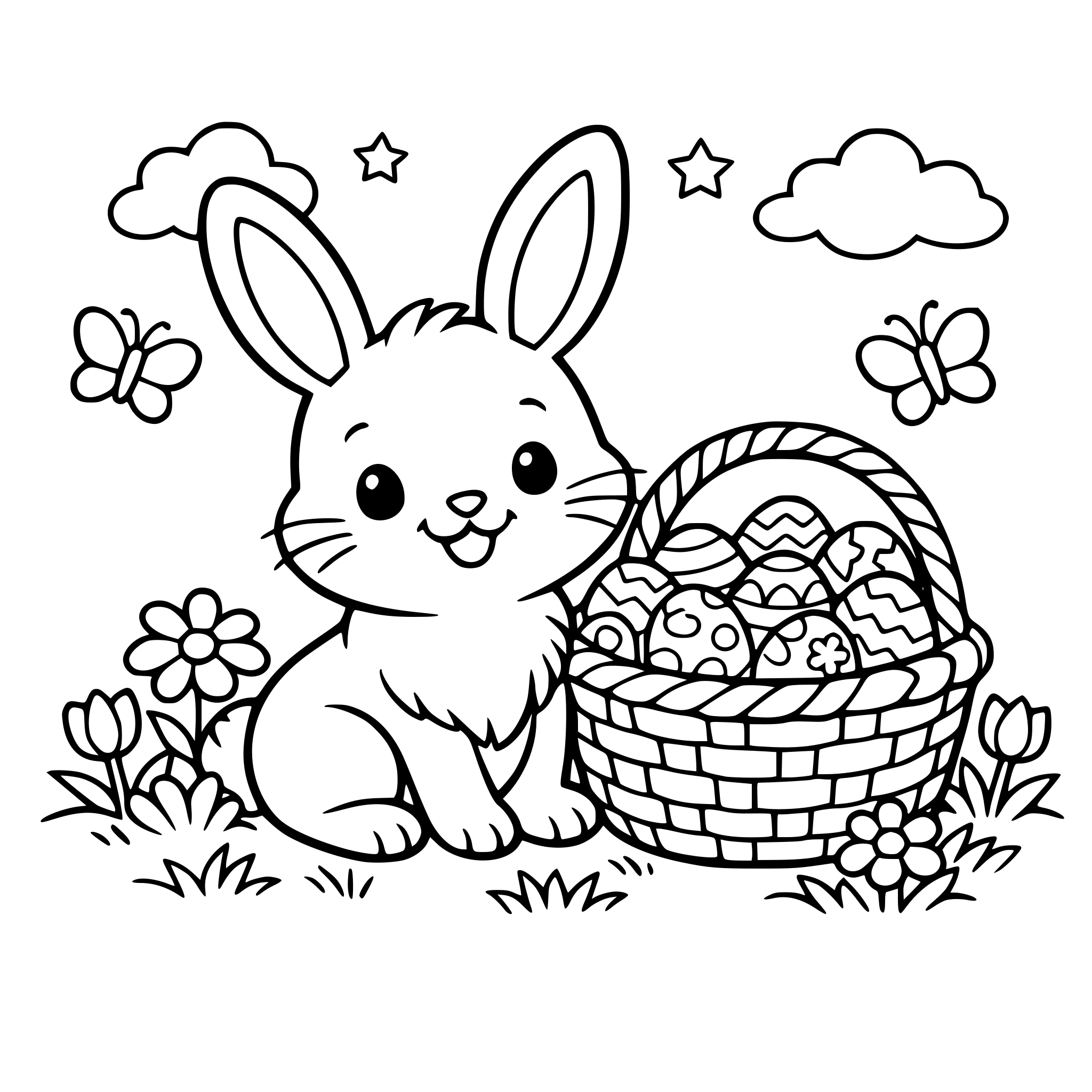 easter bunny in the meadow with the basket full of eggs
