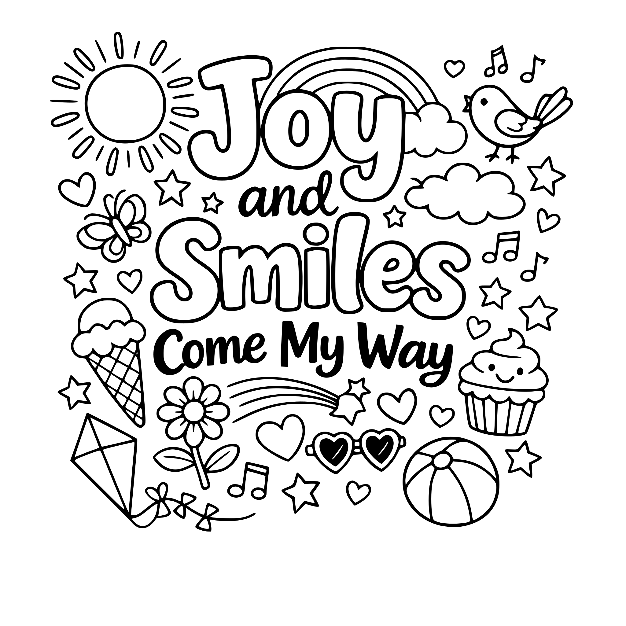 "Joy and smiles come my way" coloring letters with items around the letters that work with the lettering.